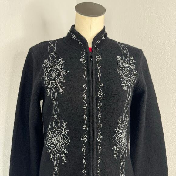 Wool Embroidered Zip Long Cardigan Sweater Black Fairycore Whimsigoth Size Small - Picture 7 of 8